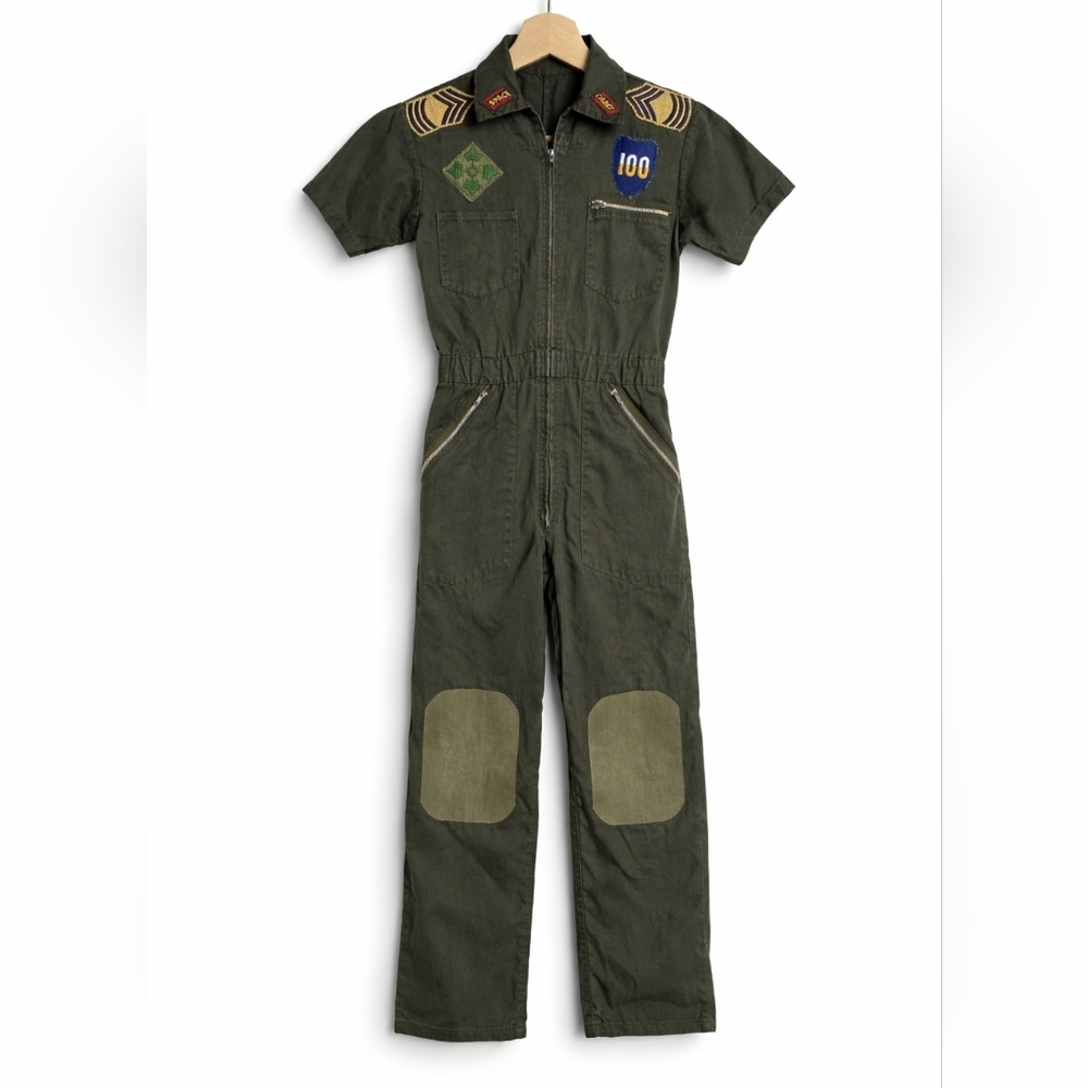Vintage Kids Military Style Utility Jumpsuit Olive Green Patches Size M